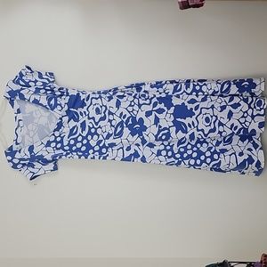 Soft Surroundings Blue & White Artsy Stretchy Pullover Short Sleeve Midi Dress M